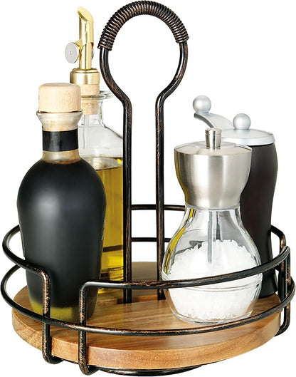 Gourmet Basics by Mikasa Nova Rotating Condiment Caddy, Handcrafted Iron and Acacia Wood Table Organizer with Spinning Platform and Carrying Handle, Contemporary Black Finish, 8.75 x 7 x 9.25 Inches