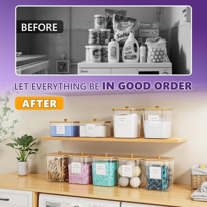 4 Pack Laundry Pods Container, Clear Laundry Room Organization Containers Essentials, Large Detergent Powder Storage Containers Black Wooden Lids & Labels Signs, Home Acrylic Laundry Pods Holder