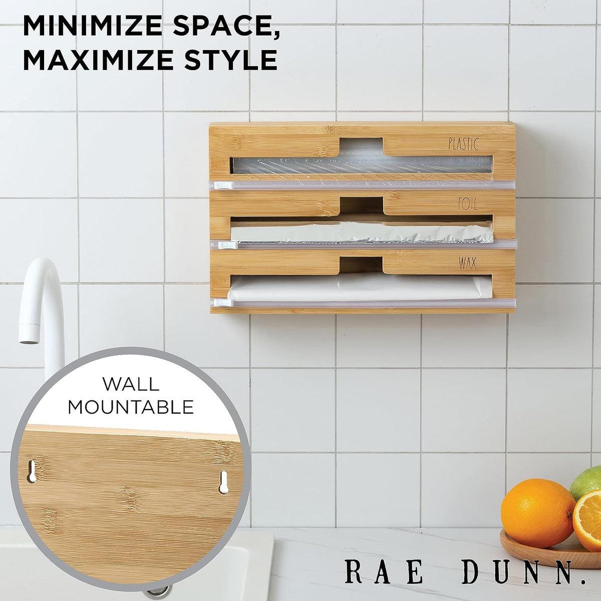Rae Dunn Bamboo Bag Organizer for Kitchen Drawer - Durable Wood Organizer for Kitchen Storage - Holds Gallon, Quart, Snack, Sandwich Size Baggies, Plastic Wrap and Foil