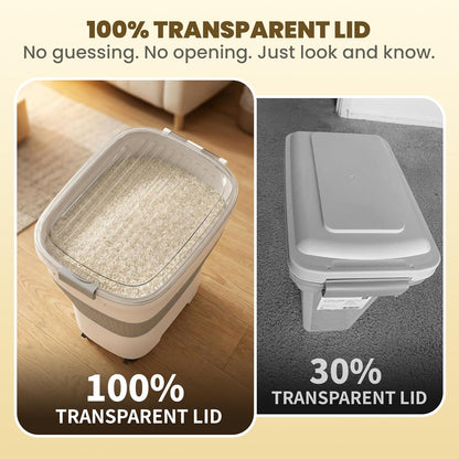 HOYTAMDAR 20-50Lbs Rice Container,Collapsible Food Storage Containers with Airtight Clear Lid,Wheels,Rice Storage Container with Small Bin and Scoop,Rice Dispenser for Flour Sugar Cereal Grain Dog Cat