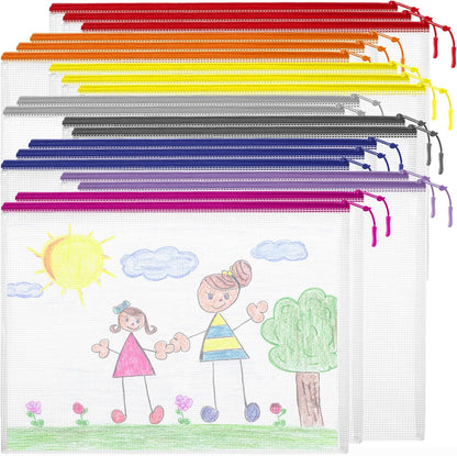 YOPCDJ 24pcs Mesh Zipper Pouch File Bags Puzzle Storage Bags, A3 17x12 Inches Large Reusable Zipper Pouches for Organizing Classroom Board Game Organization