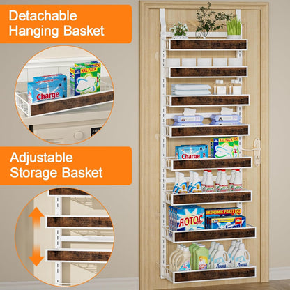 8 Tier Over The Door Pantry Orangizer 2 IN 1 Wall Mounted or Hanging Spice Rack with Adjustable Wood Basket,Heavy Duty Seasoning Storage Shelf for Kitchen Pantry and Bathroom