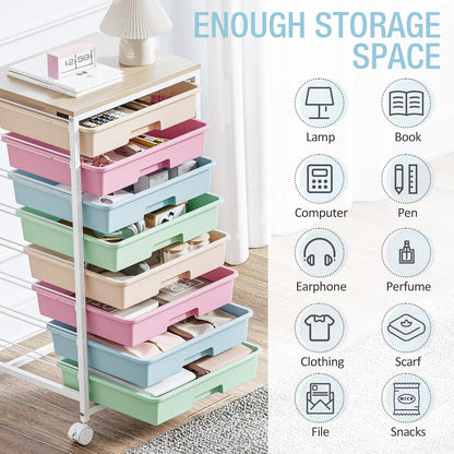 Rolling Cart with Drawers, Pink Cart with 8 Plastic Drawer Storage and Wooden Tabletop, Craft Storage, Teacher Cart, Storage Cart on Wheels, Rose Pink