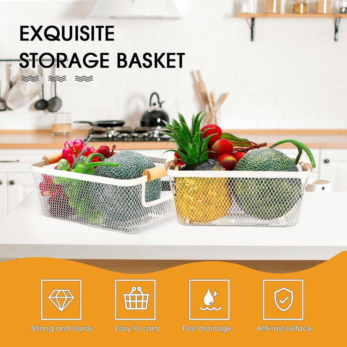 Ziliny 4 Pcs Metal Mesh Wire Baskets with Wooden Handles for Organizing, Pantry Organizers and Storage Steel Bin Kitchen Baskets for Fruit Potato Onion Snacks Bathroom Cabinet(Small,Black)