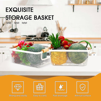 Ziliny 4 Pcs Metal Mesh Wire Baskets with Wooden Handles for Organizing, Pantry Organizers and Storage Steel Bin Kitchen Baskets for Fruit Potato Onion Snacks Bathroom Cabinet(Small,Black)