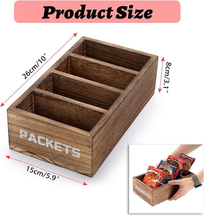 BSTKEY Seasoning Packet Organizer, Food Packet Storage Organizer with 4 Compartments, Wooden Storage Caddy for Kitchen Pantry Cabinet, Farmhouse Kitchen Organization Bin for Snacks Spice Packets