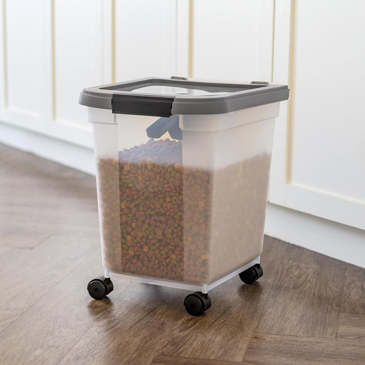 IRIS USA Airtight Dog Food Storage Container, WeatherPro, Up to 50 lbs, Removable Wheels, for Dog Cat Bird and Other Pet Food Storage Bin, Keep Fresh, Translucent Body, Made in USA, Clear/Gray