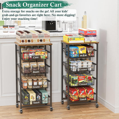 OKZEST 4-Tier Kitchen Storage Cart on Wheels – Mobile Fruit Basket Stand with Drawers & Wooden Top, Small Rolling Pantry Shelf for Potatoes, Onions, Bottled Drinks, Cans, Snacks – Includes 3 PE Liners