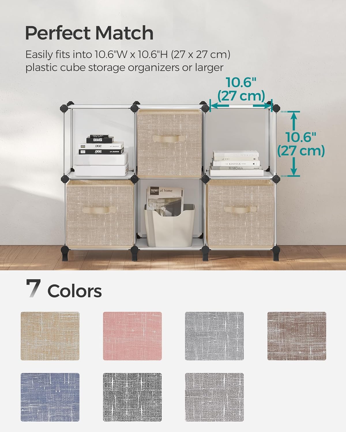 SONGMICS Storage Cubes, 11-Inch Non-Woven Fabric Bins with Double Handles, Set of 6, Closet Organizers for Shelves, Foldable, for Clothes, Cattail Gray UROB26LG