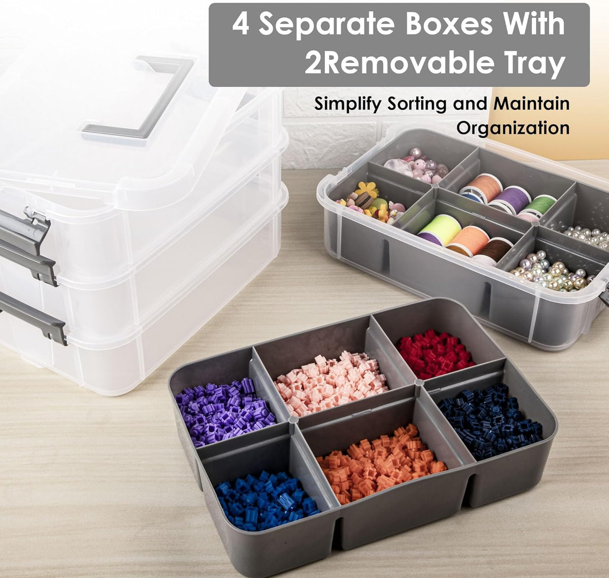 CraftGenes Grey&White Modern Plastic Storage Box - 4-Layer Durable Craft Storage Containers with 2 Removable Trays for Arts & Crafts Supplies, Sewing, Office, Seasonal Decor
