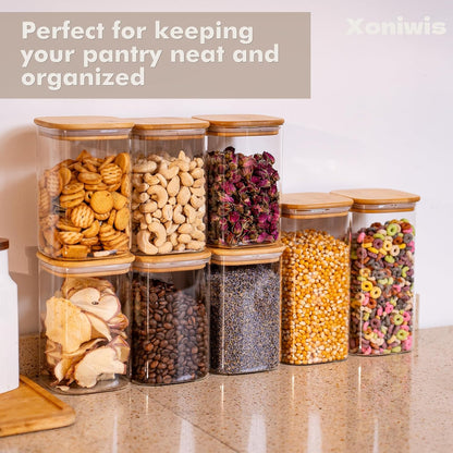 3-Pack 2.2Qt Square Glass Spaghetti Jars with Bamboo Lids, Tall Food Storage Containers for Pantry Organization, Elegant Kitchen Storage Canister for Pasta, Penne, Macaroni, Lasagna, Fusilli