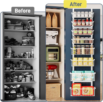 Over The Door Pantry Organizer, 8-Tier Over The Door Organizer with Adjustable Baskets, Metal Hanging Spice Rack for Pantry Organizers and Storage, Suitable for Kitchen Laundry Room & Bathroom, White