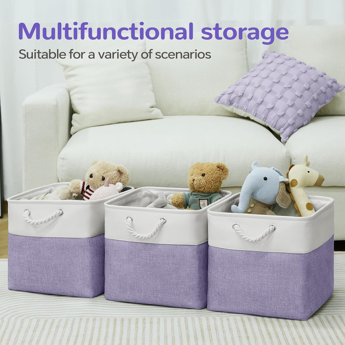 Large Storage Baskets- 15.7x11.8x8.26 inch Storage Bins for Shelves and Closet Organizing, Foldable Fabric Bin for Home Organization Clothes and Laundry (3-Pack, White&Khaki)