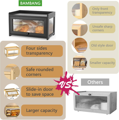 BAMBANG Bamboo Bread Box for Kitchen Countertop, Extra Large Farmhouse Bread Box with 4-Side Clear Panels, Wooden Bread Storage Container for Homemade Bread, Natural