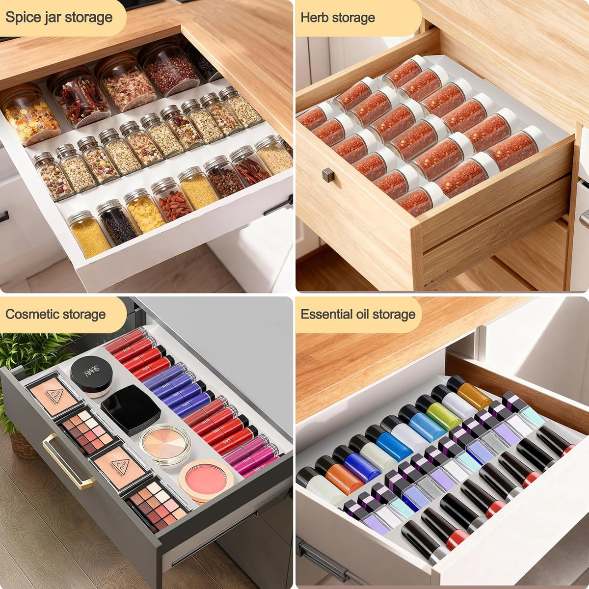 GOENDR Metal Spice Drawer Organizer, 4 Tier Spice Rack for Drawer, Expandable Seasoning Organizer For 11.4-22.8” Wide Drawer, Holds up to 48 Spice Jars (Not Included), White