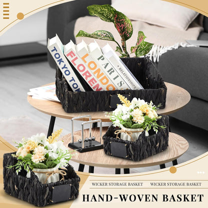 Wonderjune 4 Pcs Water Hyacinth Storage Basket Set Boho Wicker Rattan Pantry Basket with Chalkboard Label Handles Woven Container Kitchen Laundry Large Small for Shelves Food Home Bathroom Decor