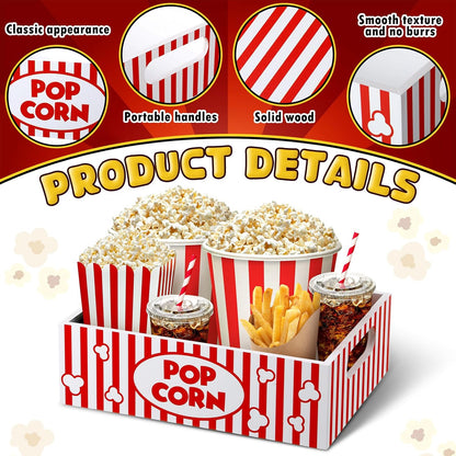 Movie Night Supplies Snack Trays with Handles Reusable Wooden Movie Gift Basket for Theater Popcorn Bucket Bowl Box Container Family Room Decor(Classic Style)