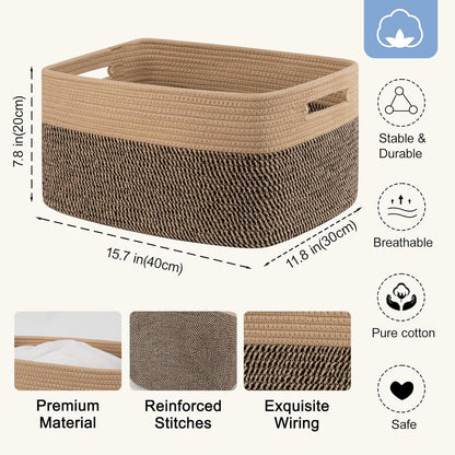 4 Pack Storage Baskets for Organizing, Woven Baskets for Shelves - Perfect for Toys, Books, Towels, and Clothes, Durable Gift Basket Bins Toy Storage, 12.7''Lx9''Wx7.8''H, Brown & White