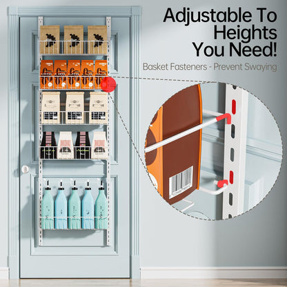 Delamu Adjustable Cabinet Door Organizer, 6-Tier Hanging Spice Rack Organizer, Metal Over the Door Pantry Organizer, Pantry Organizers and Storage Shelves for Kitchen Bathroom Laundry Room, White M