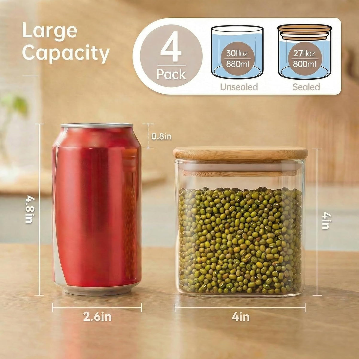 Extra Large Square Glass Flour & Sugar Storage Containers with Airtight Lids, 168 floz - Glass Jars with Bamboo Lids for Pantry, Air tight Food Storage Containers for Cereal, Pasta, Rice