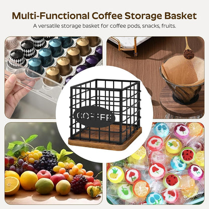YATINEY Coffee Pod Holder for K Cup, Large Capacity Coffee Pod Organizer, Versatile Coffee Capsule Storage Basket with Wooden Base, White KH10WN