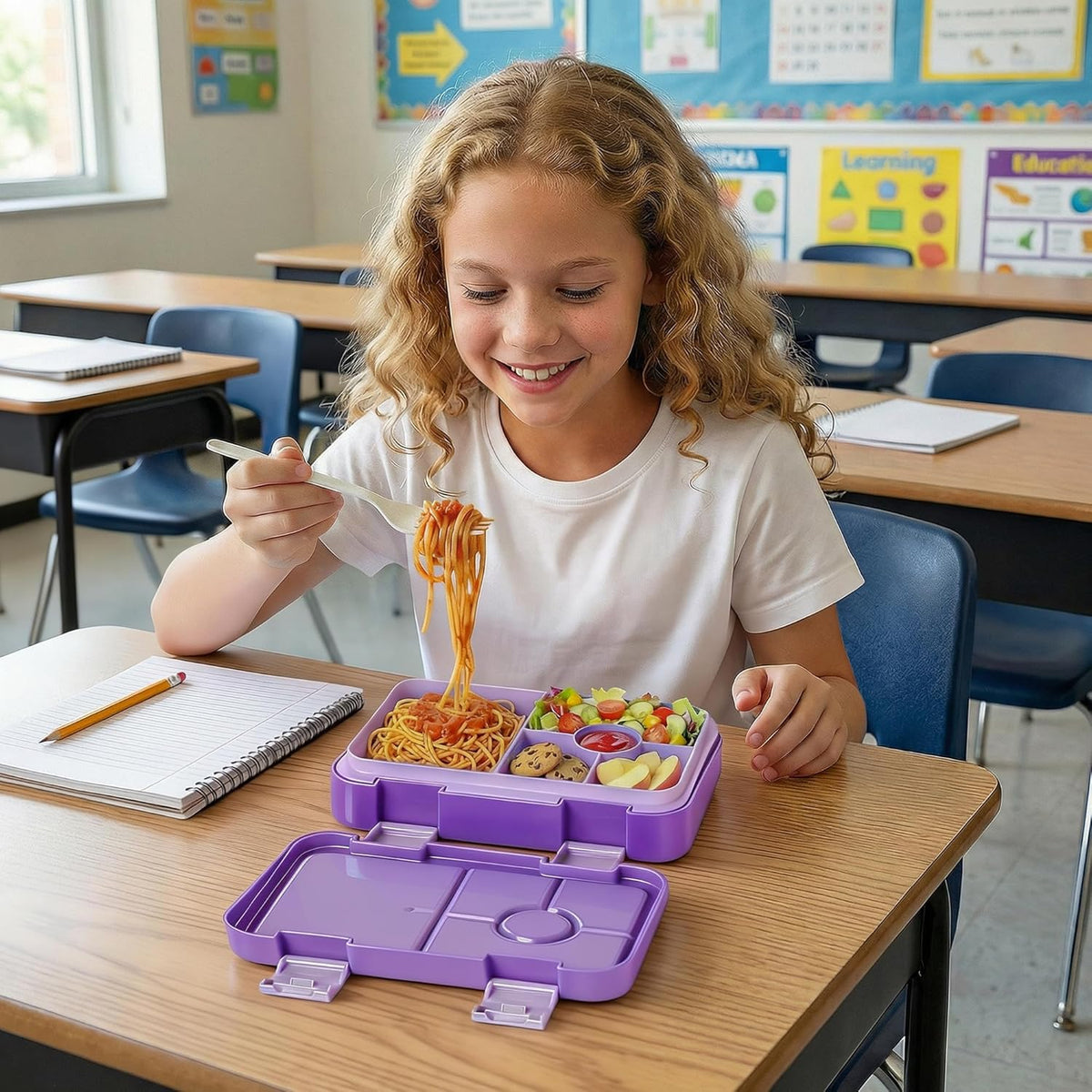 Bento Lunch Box for Kids, 6 Compartments BPA Free, Dishwasher Safe Back to School Snack Bento Lunch Containers Boxes, Ideal Portion Sizes for On-the-Go Meal, Ages 3+, School, Green Patterned