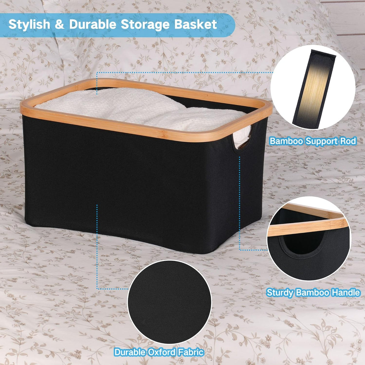 efluky Storage Baskets for Organizing, Fabric Storage Bins with Bamboo Handles, Collapsible Storage Baskets for Shelves and Closet (Black, 16.2'' x 13'' x 9.1'')