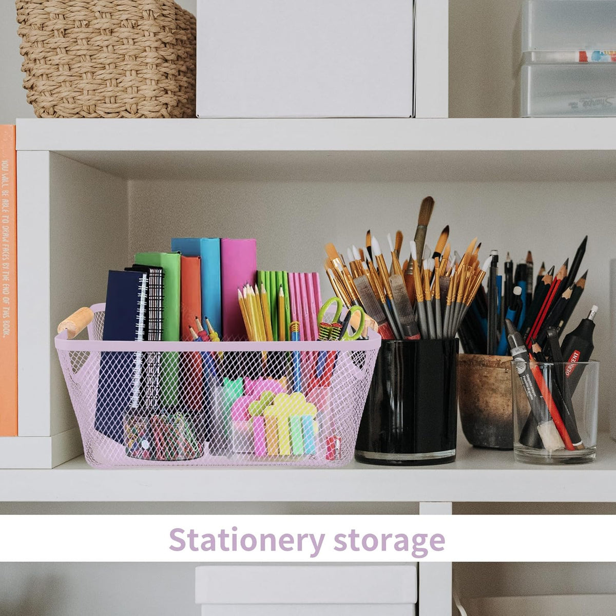 2 Pack 12" Wide Metal Mesh Baskets with Bamboo Handles for Pantry Organization | Wire Storage Bins for Kitchen, Cabinet, Fruit & Snacks | Decorative Farmhouse Style Organizer