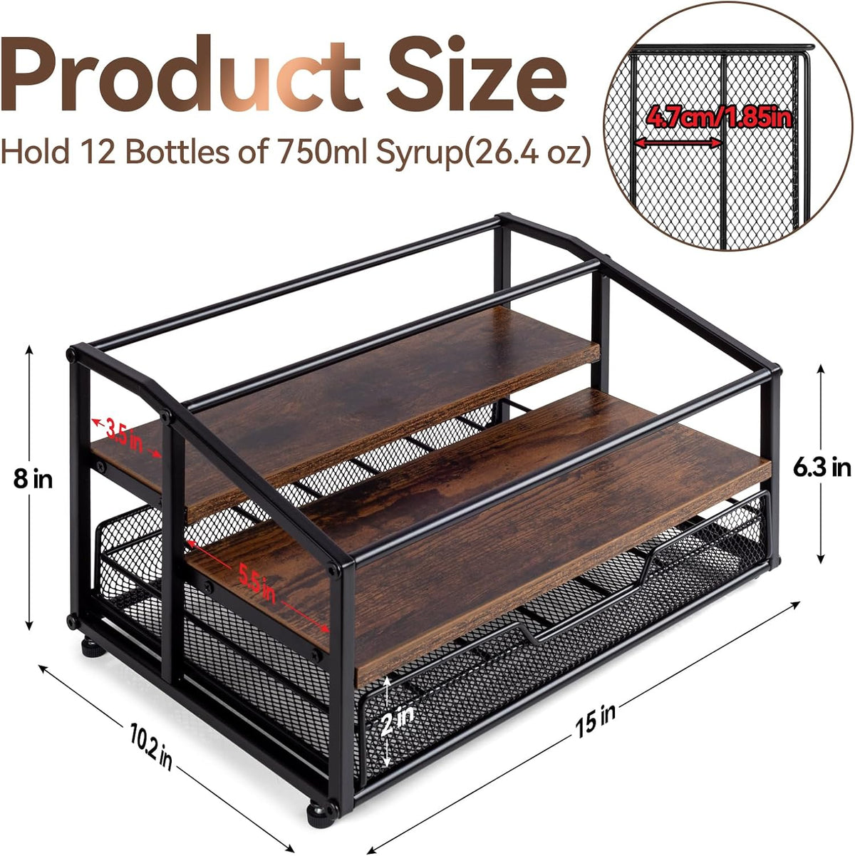 kimilus Coffee Syrup Rack Organizer, 4-Tier 12 Bottle Syrup Rack with 35 K Cup Drawer for Coffee Bar, Countertop Bottle Holder Stand for Dressing for Kitchen Cafe Station