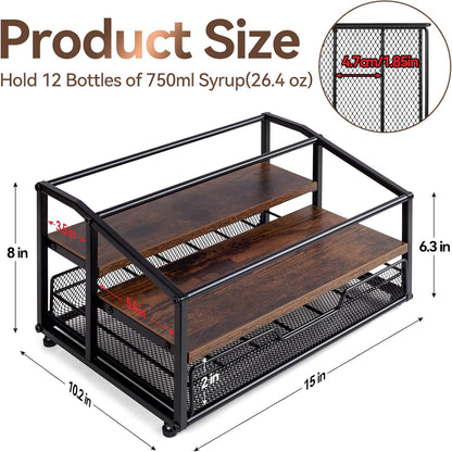 kimilus Coffee Syrup Rack Organizer, 4-Tier 12 Bottle Syrup Rack with 35 K Cup Drawer for Coffee Bar, Countertop Bottle Holder Stand for Dressing for Kitchen Cafe Station