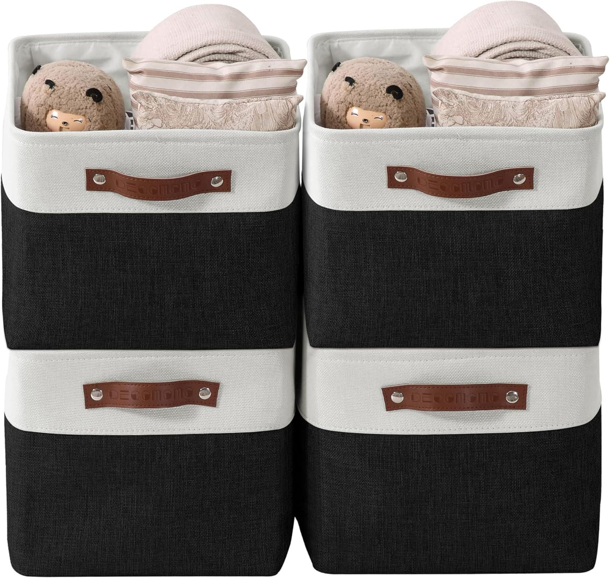 DECOMOMO Storage Bins, Large Fabric Storage Baskets for Shelves, Decorative Linen Closet Organizer, 15 x 11 x 9.5 inches (Beige & White, 3 Pack)