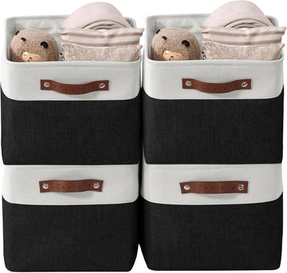 DECOMOMO Storage Bins, Large Fabric Storage Baskets for Shelves, Decorative Linen Closet Organizer, 15 x 11 x 9.5 inches (Beige & White, 3 Pack)