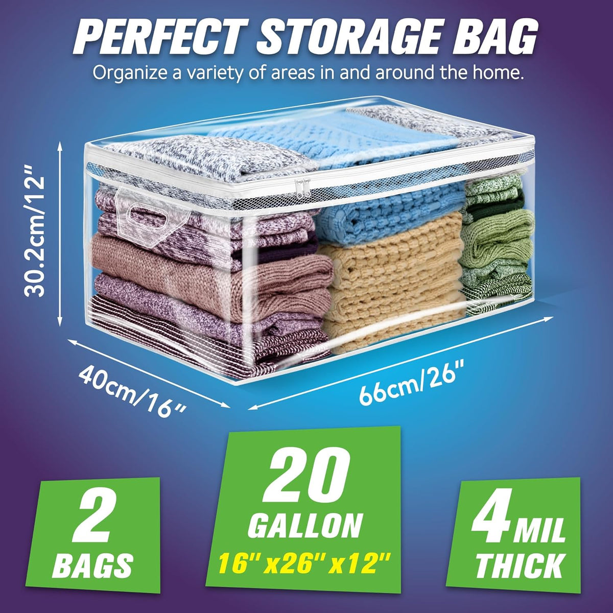 HIBAG 20 Gallon Large Storage Bag for Clothes, Zipper Clothing Storage Bag, Clear Organizer with Reinforced Handles, for Comforters Blankets Pillows Bedding