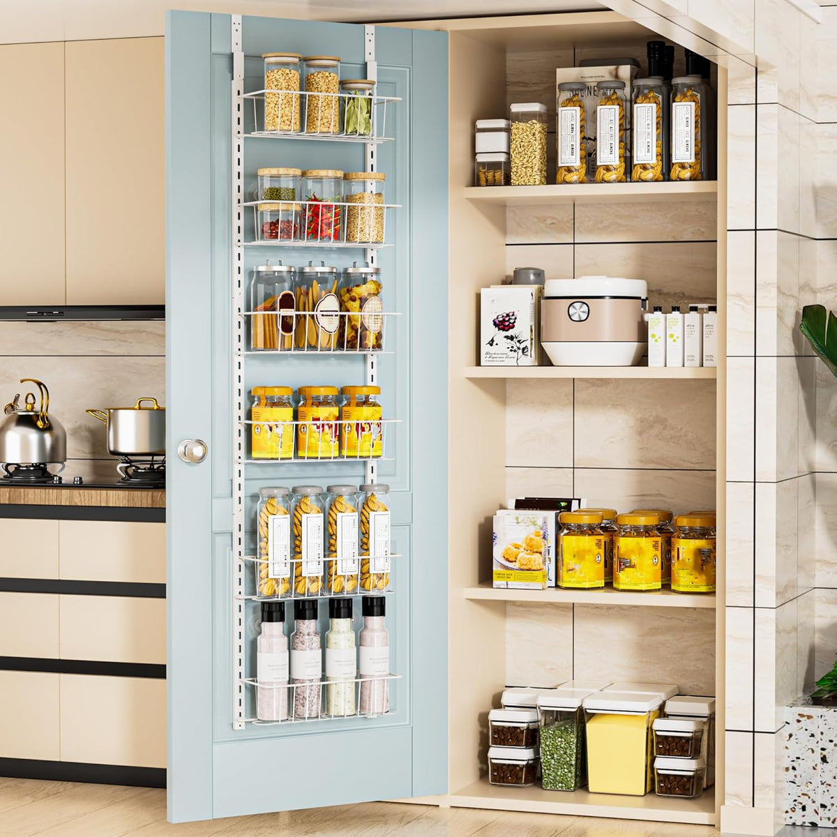 Delamu Adjustable Cabinet Door Organizer, 6-Tier Hanging Spice Rack Organizer, Metal Over the Door Pantry Organizer, Pantry Organizers and Storage Shelves for Kitchen Bathroom Laundry Room, White M