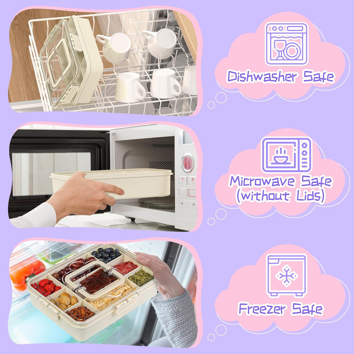 Xyptorix Snack Box Container for Kids - Adjustable 12-Compartment Snack Containers, Reusable Bento Box, Dishwasher Safe, BPA-Free, Perfect for School, Travel, Camping & Picnic, Ivory White