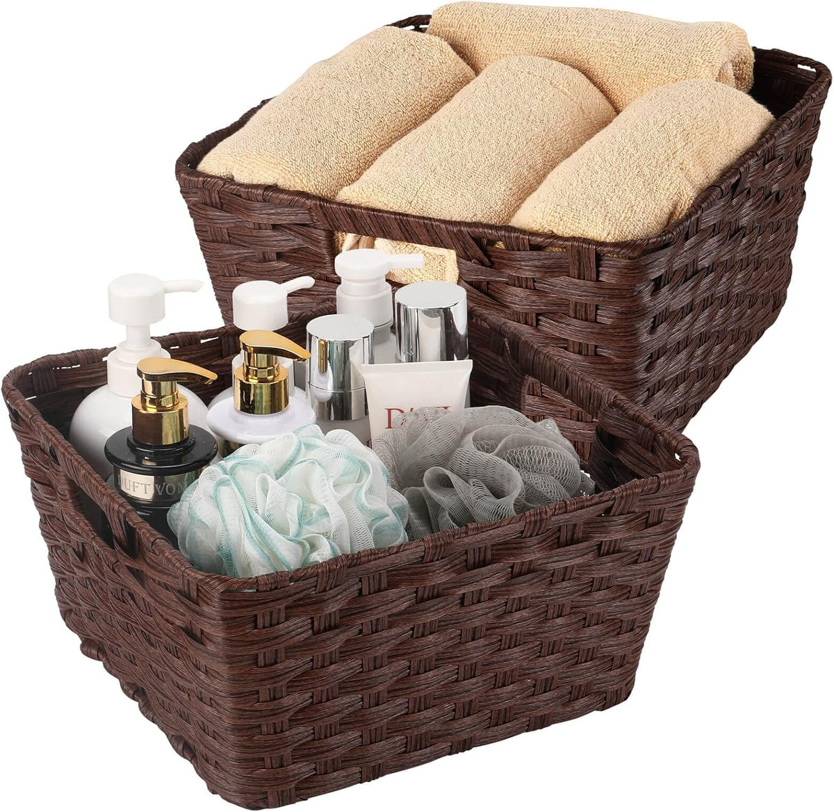 Onlytak Large Wicker Storage Basket, Metal Frame, Set of 2, Washable Waterproof, 15" x 10.3" x 5.2", Brown Color, Woven Basket for Pantry, Toilet, Bathroom, Bedroom, Patio