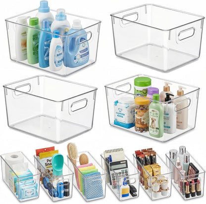MOONEDGE Set of 4 Clear Plastic Organizer Bins, 2 Large & 2 Small Storage Bins for Pantry, Nestable Space-Saving Containers for Cabinets, Under-Sink, Bathroom, Kitchen & Freezer Organization