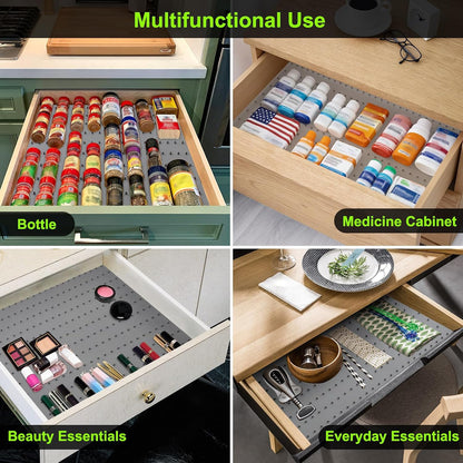 Gosmol Spice Drawer Organizer insert, Adjustable & Non-Slip Silicone Spice Drawer Liner, in Drawer Spice Organizer for Seasoning Jars and Spices Bottles -Grey