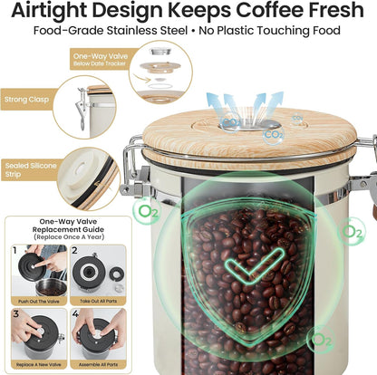Veken Coffee Canister, 39OZ Large, Mothers Day Gifts For Women, Airtight Stainless Steel Food Storage Container for 2.2lbs Coffee Beans, Ground, Sugar, Tea, Flour, Cereal,Kitchen Bar Accessories,Cream