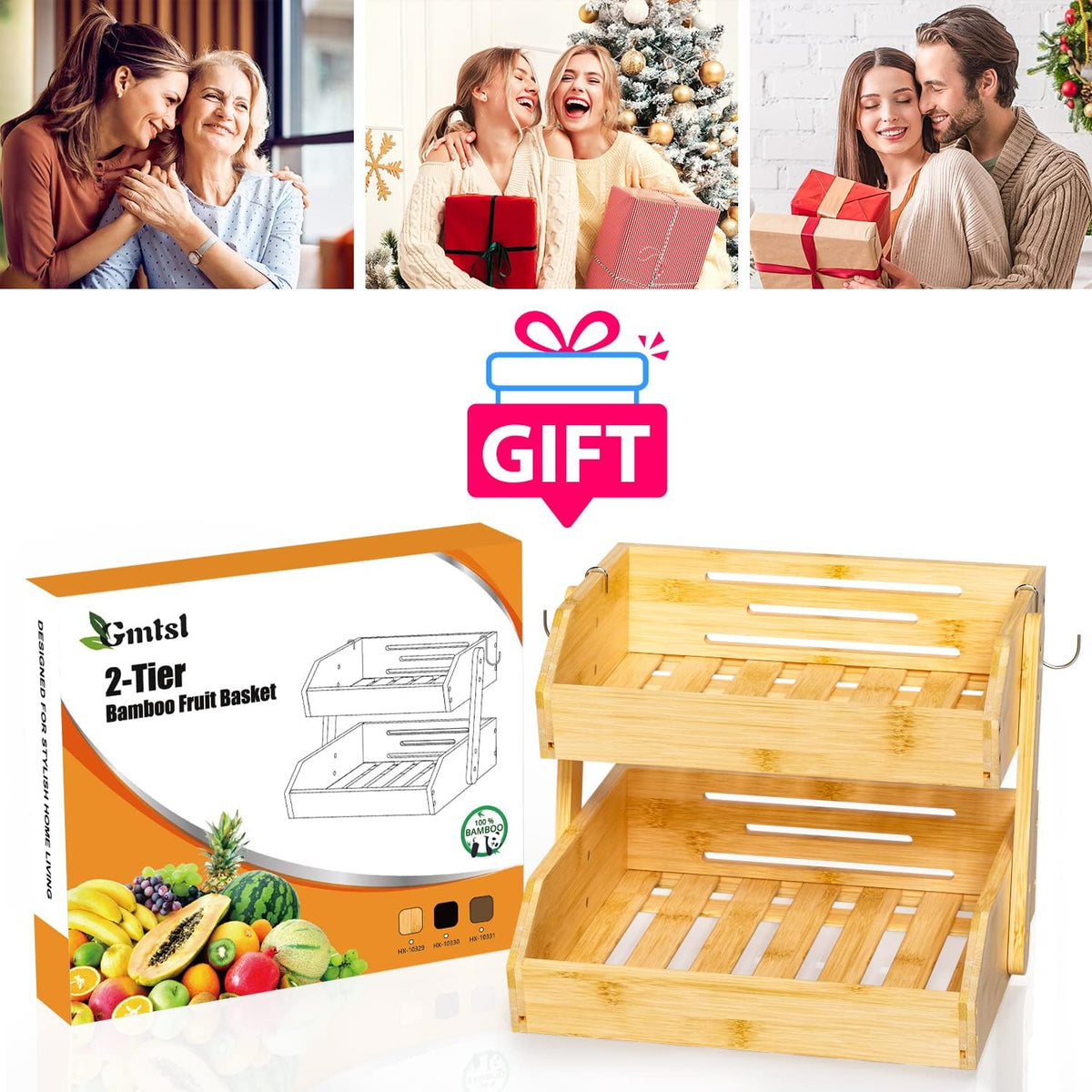 Gmtsl Bamboo Fruit Basket for Kitchen – 3 Tier Fruit Bowl For Kitchen Counter, Large Fruit Holder With 2 Banana Hangers, Idea For Fruit and Vegetable Storage, Bread Basket, Snack Organizer(BLACK)