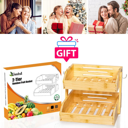 Gmtsl Bamboo Fruit Basket for Kitchen – 3 Tier Fruit Bowl For Kitchen Counter, Large Fruit Holder With 2 Banana Hangers, Idea For Fruit and Vegetable Storage, Bread Basket, Snack Organizer(BLACK)
