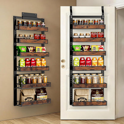 8 Tier Over The Door Pantry Orangizer 2 IN 1 Wall Mounted or Hanging Spice Rack with Adjustable Wood Basket,Heavy Duty Seasoning Storage Shelf for Kitchen Pantry and Bathroom