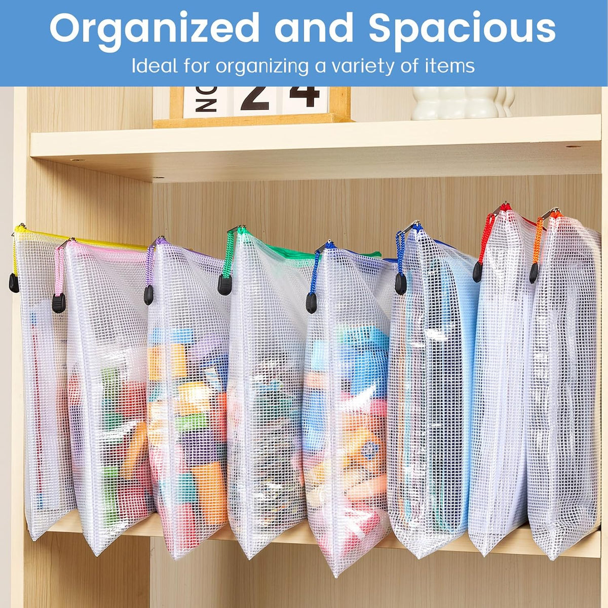 Sooez Mesh Zipper Pouch with Sticky Labels, A4 Mesh Bags, Sturdy Letter Size File Folders Organizer, Office School Classroom Teacher Supplies, Toy Storage Bag Board Game Puzzles Organization