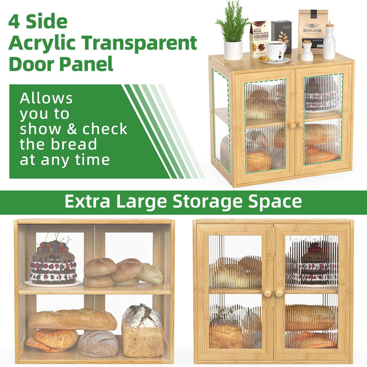 BAMBANG Bamboo Bread Box for Kitchen Countertop, Extra Large Farmhouse Bread Box with 4-Side Clear Panels, Wooden Bread Storage Container for Homemade Bread, Natural