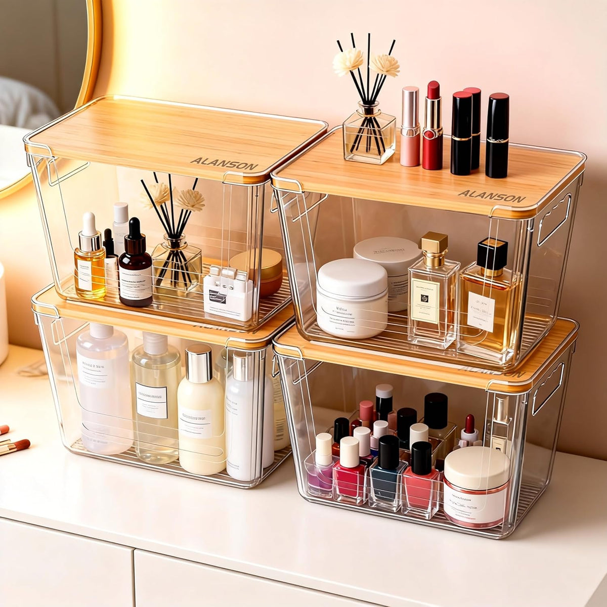 4 Pack Clear Storage Bins with Bamboo Lid, Garbage Bag Dispenser, Pantry Organizers and Storage for Onion Potato, Under Sink Organizer for Kitchen Laundry Room