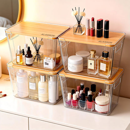 4 Pack Clear Storage Bins with Bamboo Lid, Garbage Bag Dispenser, Pantry Organizers and Storage for Onion Potato, Under Sink Organizer for Kitchen Laundry Room