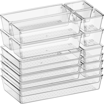 Criusia Large Drawer Organizer Bins | Complete 5 Size Clear Plastic Kitchen Drawer Organizers for Utensils | Bathroom Drawer Organizer Trays | Versatile for Makeup Office Organization