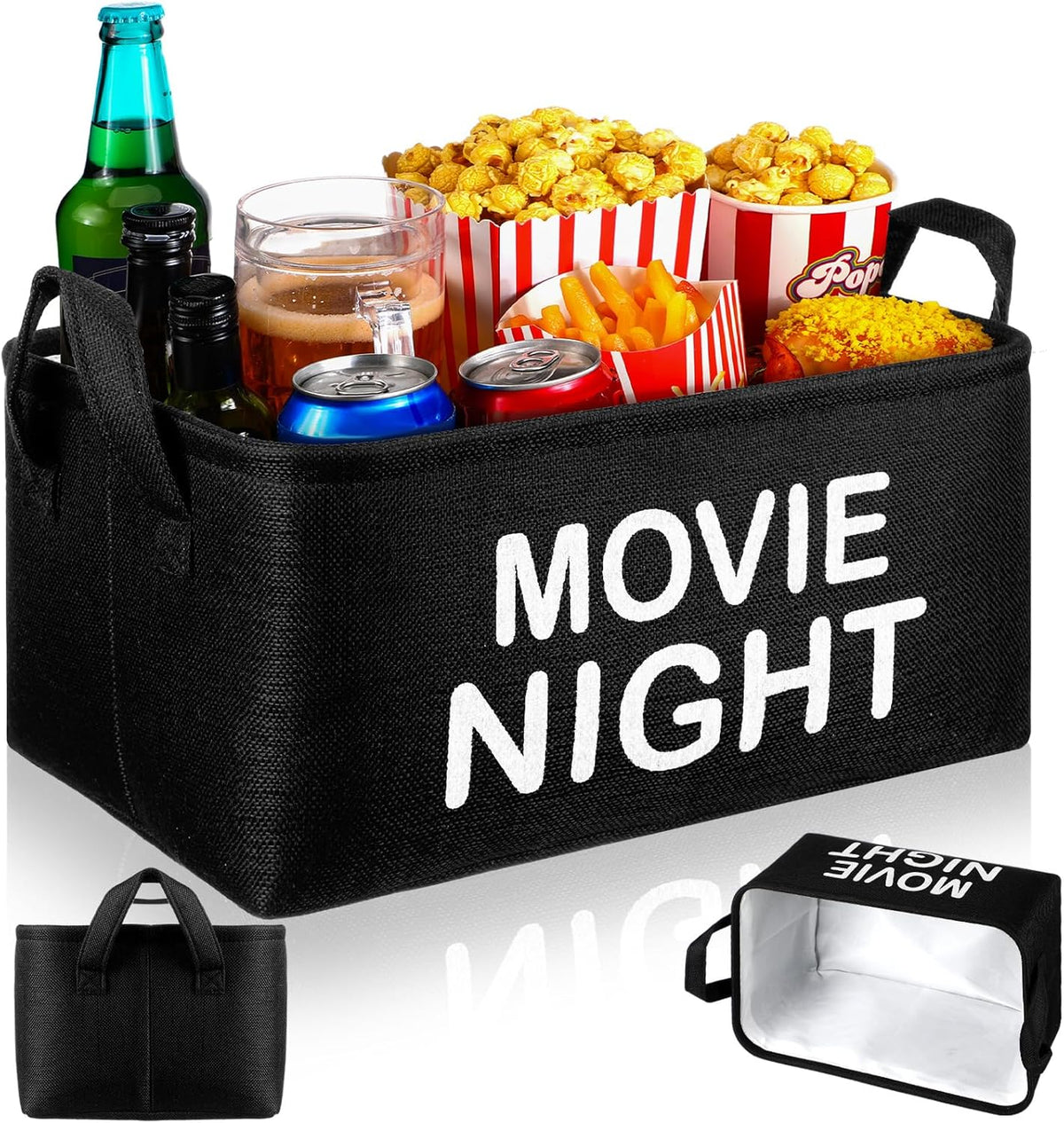 Snack Bar Organizer Basket, Burlap Fabric Snack Storage Holder with Waterproof Lining & Handles, Collapsible Bar Station Organizer Bin for Kitchen Pantry Cabinet Home Movie Night Party
