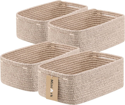 MiniArk Small Storage Baskets for Organizing | Closet Organizer Bins | Shelf Toy Basket | Woven Rope Baskets | Cube Decorative Box | Shallow Basket | L11.5xW7.5xH4.7| Brown