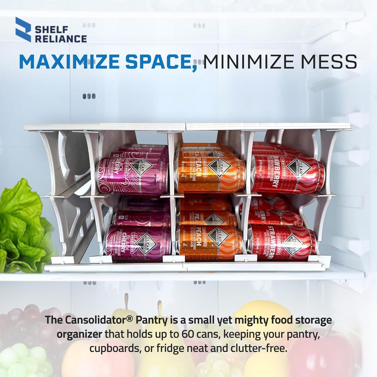 Shelf Reliance Cansolidator Pantry Plus - Can Organizer for Pantry, Stackable Soda Can Storage for Kitchen, Holds 60 Cans of Food or Soda